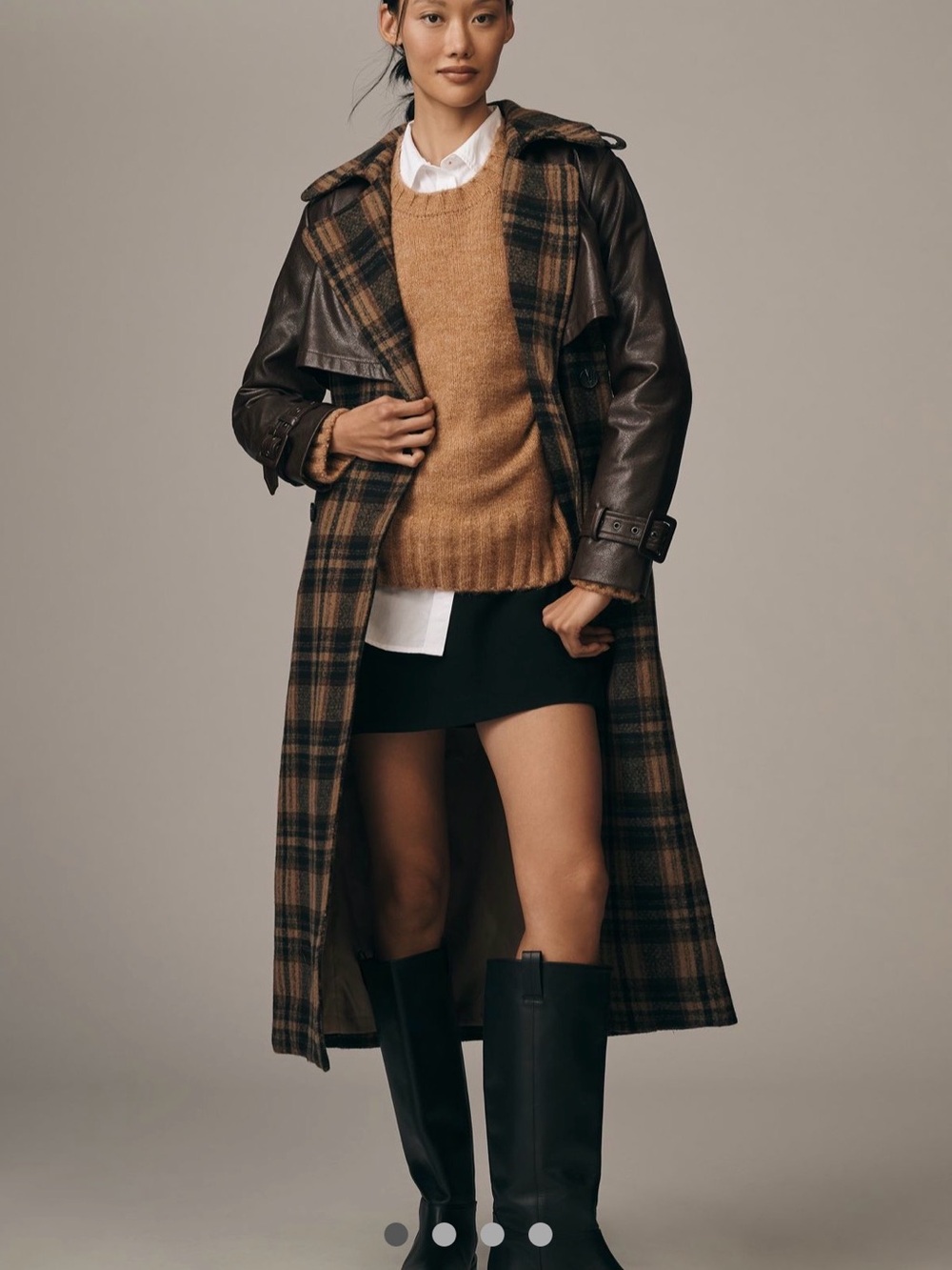Anthropology x Avec Les Filles Plaid Trench Coat with Dark Brown Leather Sleeves